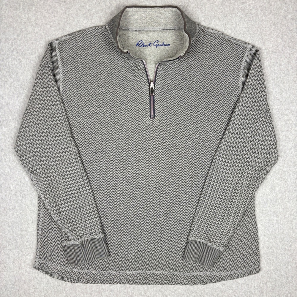 Robert Graham 1/4 Zip Pullover Mens XL Grey Herringbone Sweater Mock Neck
